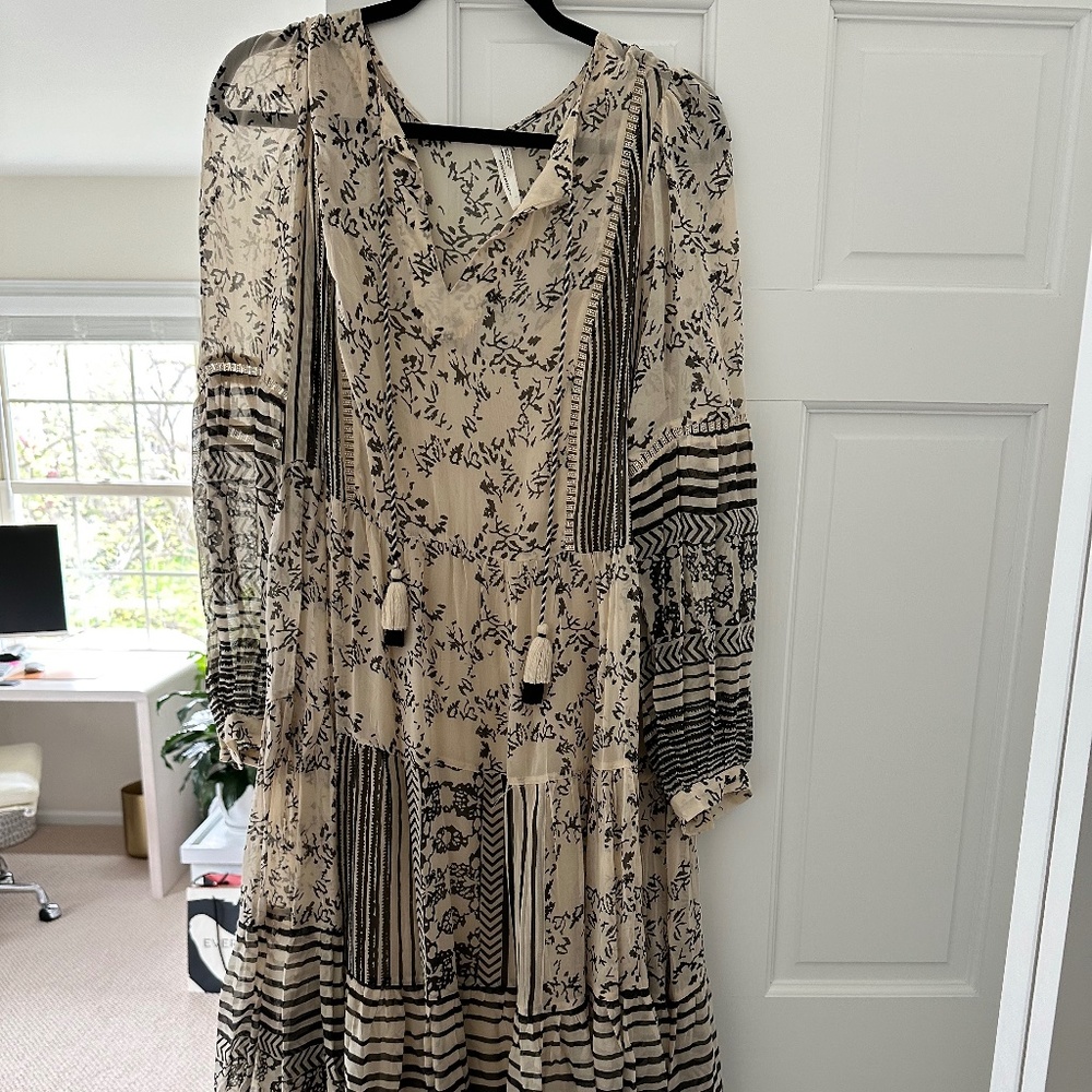 Anthropologie Black & White Midi Dress with Ruffle and Tassles